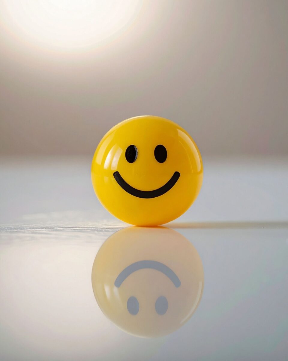 Smiley steht für positive Wirkung von Optimismus auf Kreativität und Nerven.